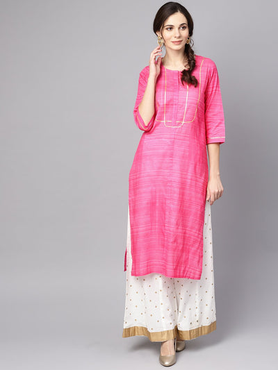 Pink Straight Kurta with Round neck emblished with Gotta