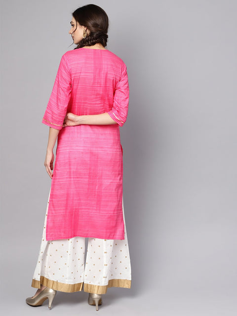 Pink Straight Kurta with Round neck emblished with Gotta