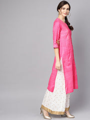 Pink Straight Kurta with Round neck emblished with Gotta