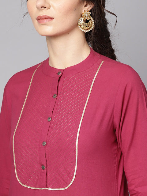 Burgundy Kurta Detailed with Gotta & Golden thread stitch at Yoke