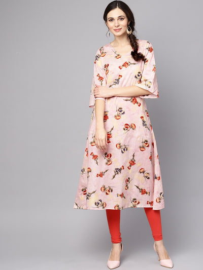 Pastel Pink floral printed kurta with V-neck & bell sleeves