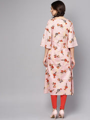 Pastel Pink floral printed kurta with V-neck & bell sleeves