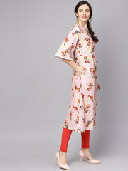 Pastel Pink floral printed kurta with V-neck & bell sleeves