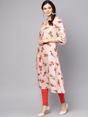 Pastel Pink floral printed kurta with V-neck & bell sleeves