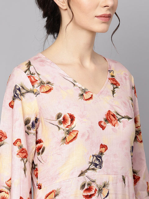Pastel Pink floral printed kurta with V-neck & bell sleeves