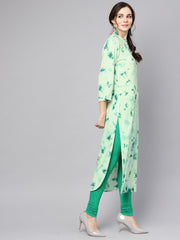 Green Tie & dye kurta with Mandarin collar with flared sleeves