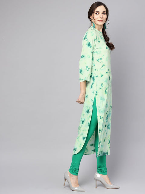 Green Tie & dye kurta with Mandarin collar with flared sleeves