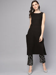 Solid Black Sleeveless Kurta Set with Printed Pants