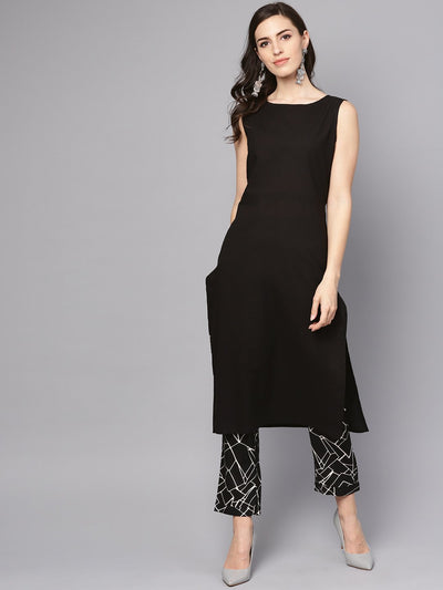 Solid Black Sleeveless Kurta Set with Printed Pants