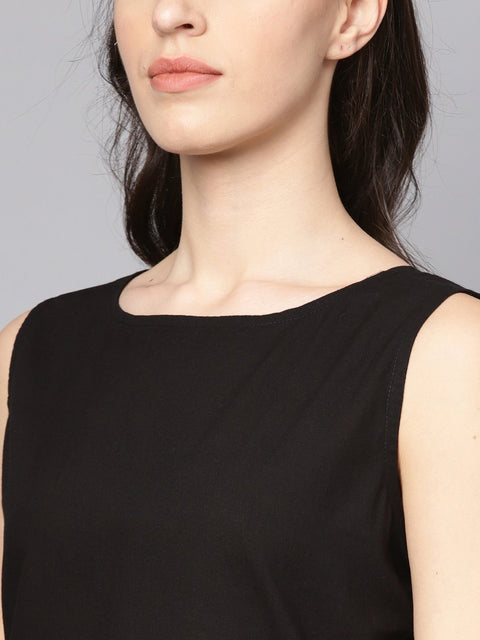 Solid Black Sleeveless Kurta Set with Printed Pants
