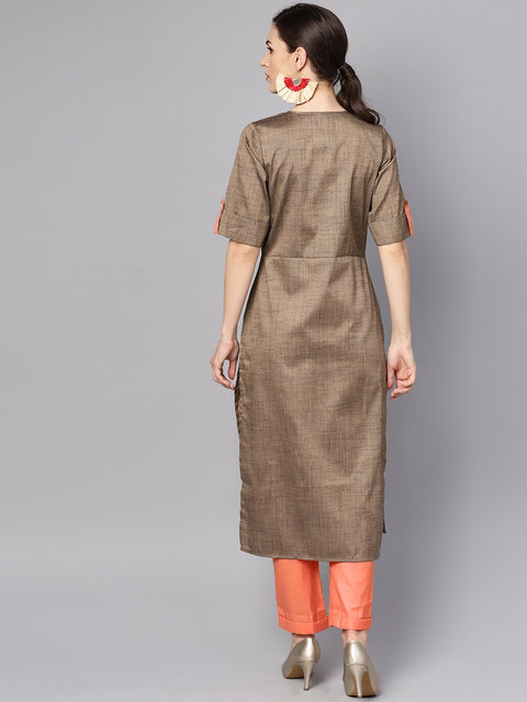 Solid Brown half sleeve cotton kurta with solid Peach pants