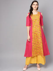 Yellow Patola Printed cold shoulder sleeve cotton Kurta with solid flared Palazzo