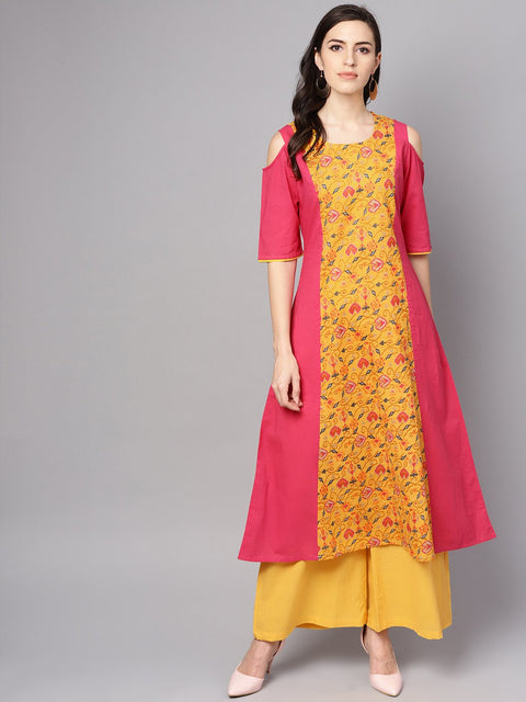 Yellow Patola Printed cold shoulder sleeve cotton Kurta with solid flared Palazzo