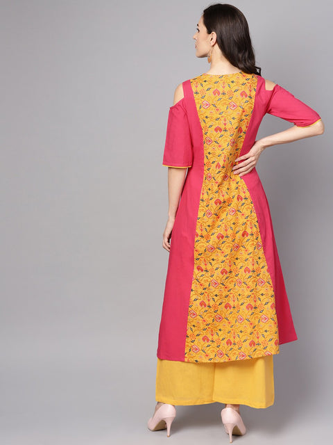 Yellow Patola Printed cold shoulder sleeve cotton Kurta with solid flared Palazzo
