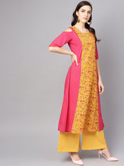 Yellow Patola Printed cold shoulder sleeve cotton Kurta with solid flared Palazzo
