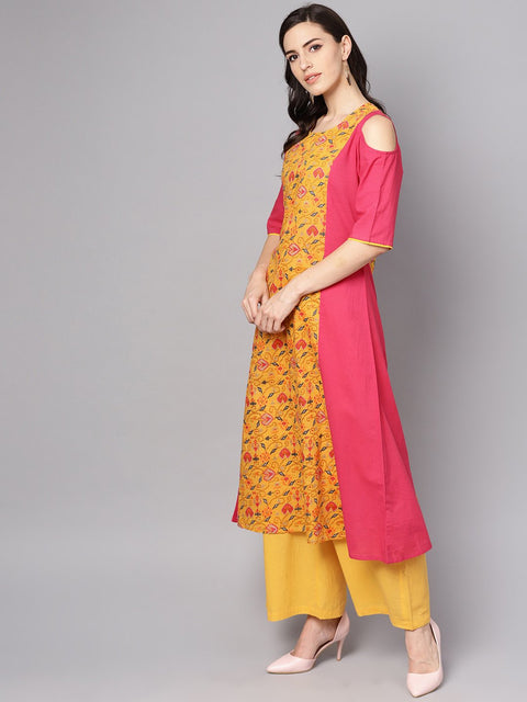 Yellow Patola Printed cold shoulder sleeve cotton Kurta with solid flared Palazzo