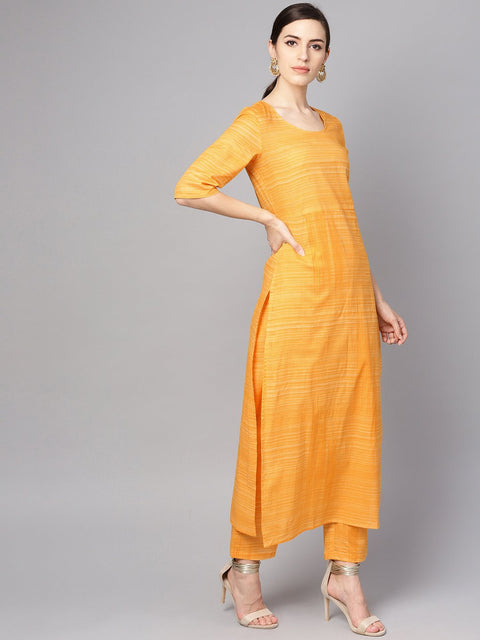 Yellow cotton slub half sleeve Kurta Set with Pants