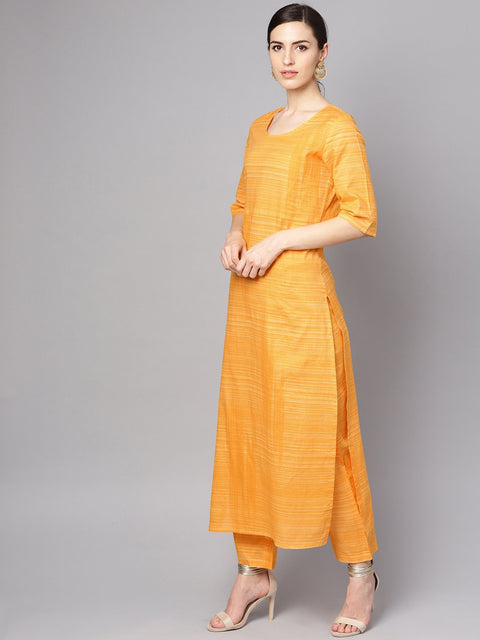 Yellow cotton slub half sleeve Kurta Set with Pants