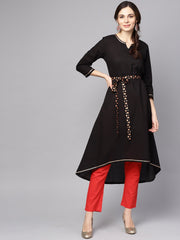 Solid Black Asyemmetric Kurta With printed Belt