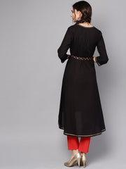 Solid Black Asyemmetric Kurta With printed Belt