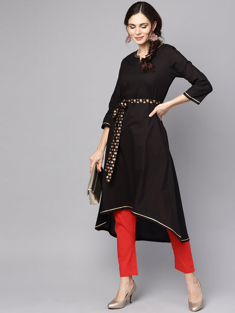 Solid Black Asyemmetric Kurta With printed Belt