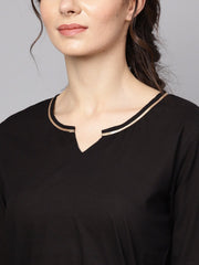 Solid Black Asyemmetric Kurta With printed Belt