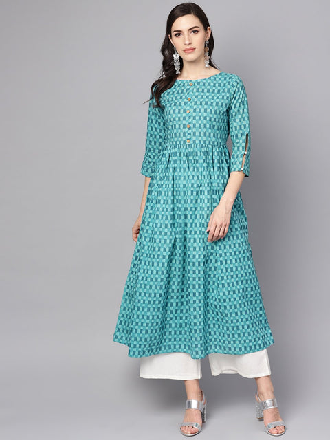 Blue Checked Pleated kurta with Round neck & 3/4 sleeves