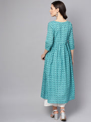 Blue Checked Pleated kurta with Round neck & 3/4 sleeves