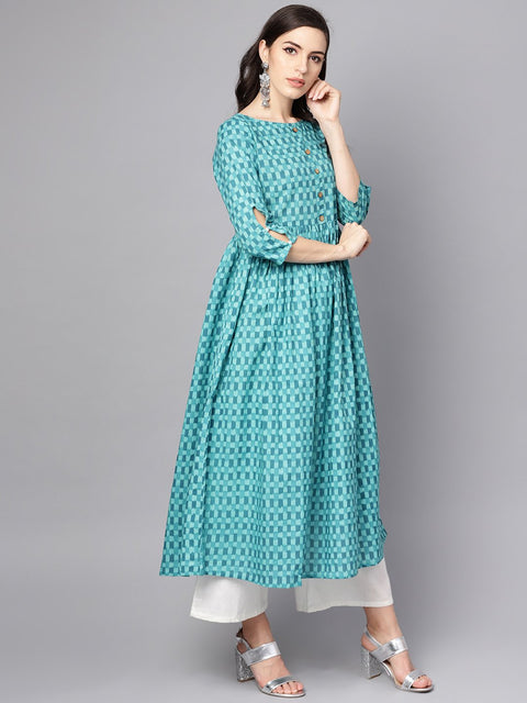 Blue Checked Pleated kurta with Round neck & 3/4 sleeves