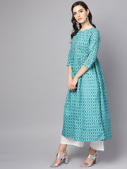 Blue Checked Pleated kurta with Round neck & 3/4 sleeves