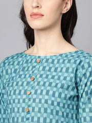 Blue Checked Pleated kurta with Round neck & 3/4 sleeves