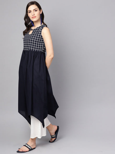 Black & White Checked Assyemtric kurta with Keyhole Neckline