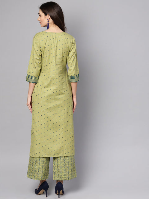 Green printed 3/4th sleeve cotton kurta with printed palazzo