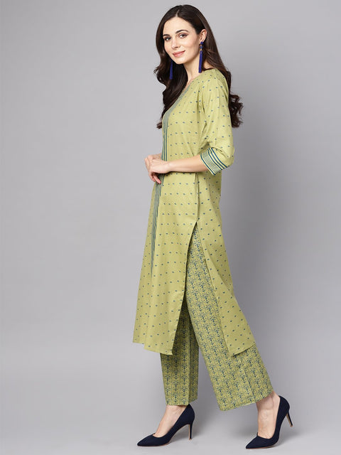 Green printed 3/4th sleeve cotton kurta with printed palazzo