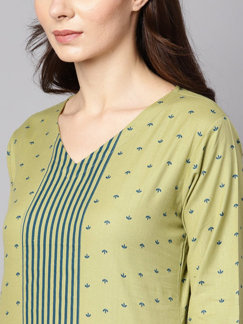 Green printed 3/4th sleeve cotton kurta with printed palazzo