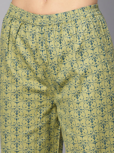 Green printed 3/4th sleeve cotton kurta with printed palazzo