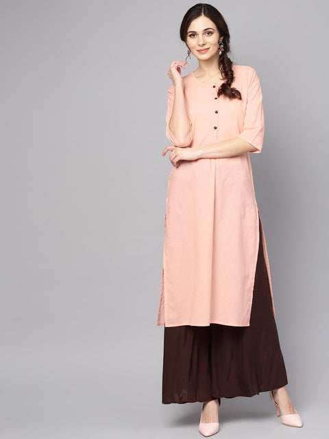 Solid Peach 3/4th sleeve cotton kurta
