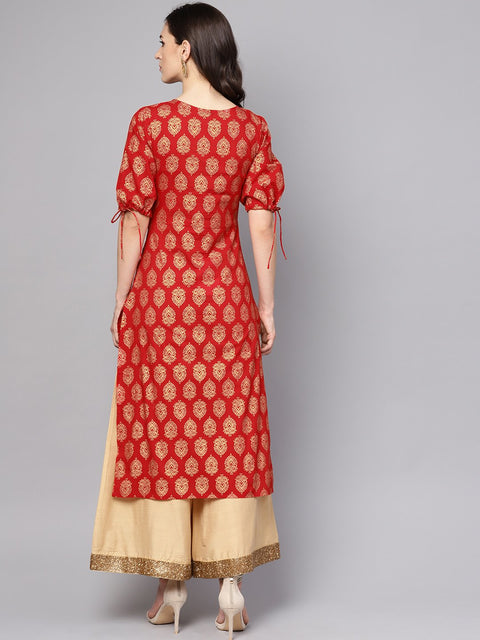 Red printed half sleeve cotton straight kurta