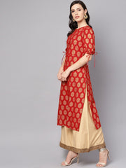 Red printed half sleeve cotton straight kurta