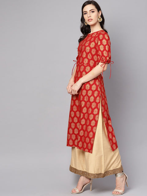 Red printed half sleeve cotton straight kurta
