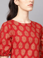 Red printed half sleeve cotton straight kurta