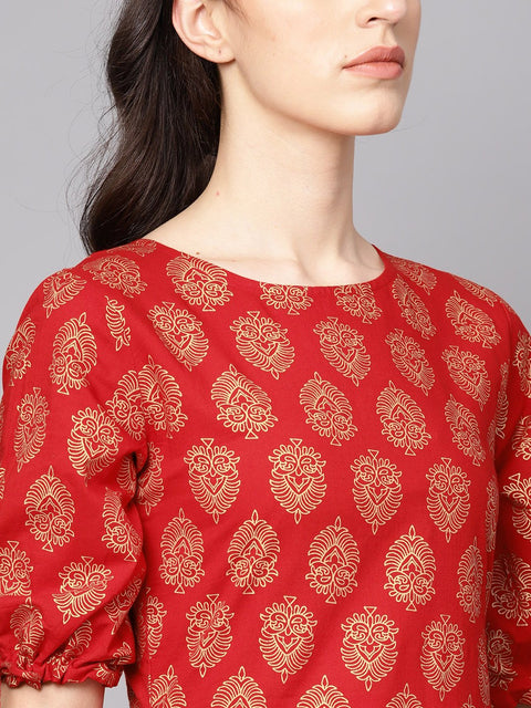 Red printed half sleeve cotton straight kurta