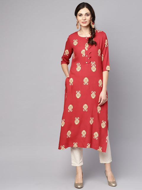 Red printed short sleeve rayon straight kurta