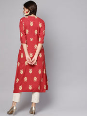 Red printed short sleeve rayon straight kurta
