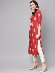 Red printed short sleeve rayon straight kurta
