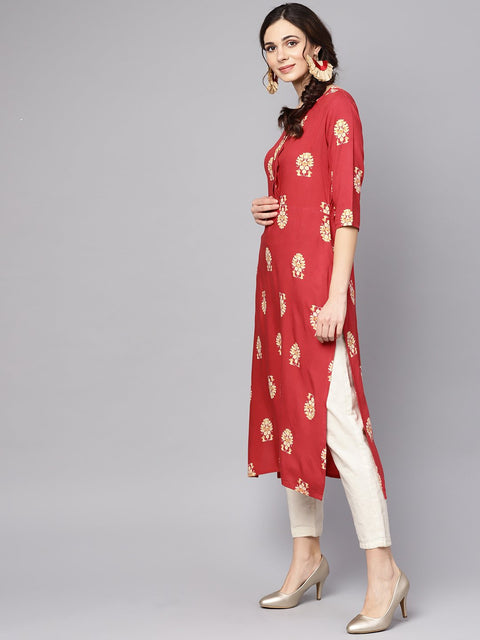 Red printed short sleeve rayon straight kurta