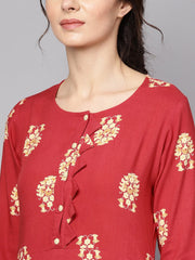 Red printed short sleeve rayon straight kurta