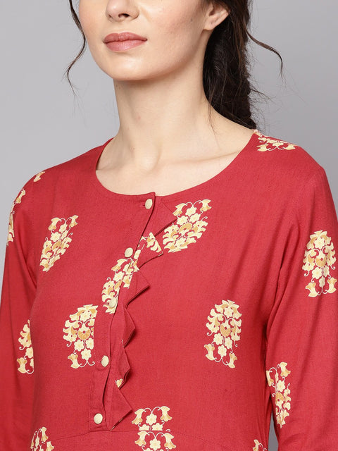 Red printed short sleeve rayon straight kurta