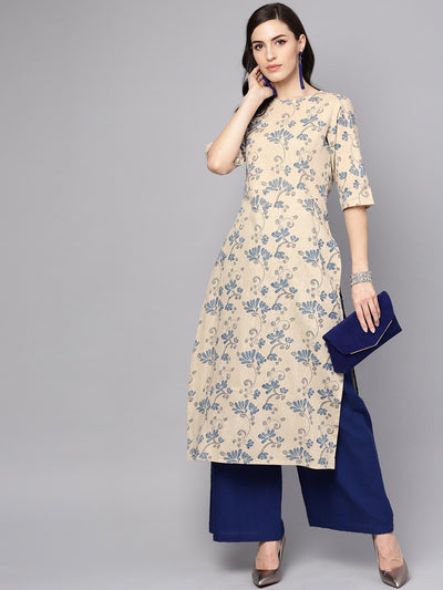 Grey & Blue printed half sleeve cotton kurta