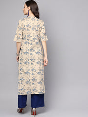 Grey & Blue printed half sleeve cotton kurta